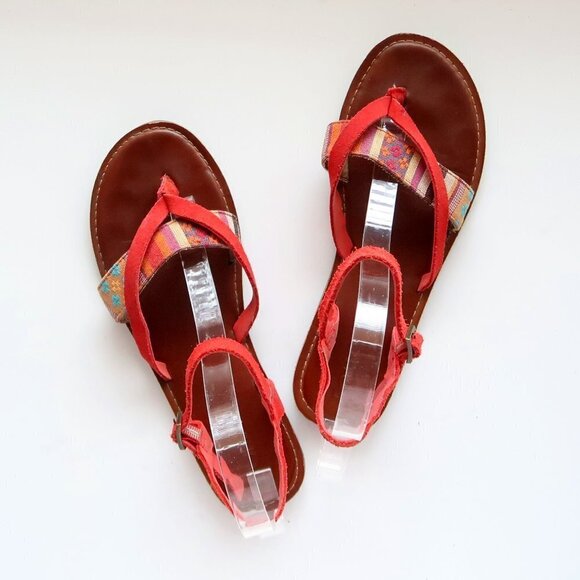 Toms Lexie Red Suede Leather & Canvas Strappy Slingback Thong Flat Sandals 8.5 W - Picture 15 of 16